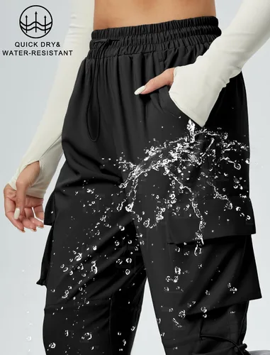 Vista 6 de Pantalones cargo de secado rápido, ligeros, tácticos, con 6 bolsillos, para mujer, cintura elástica y resistente al agua