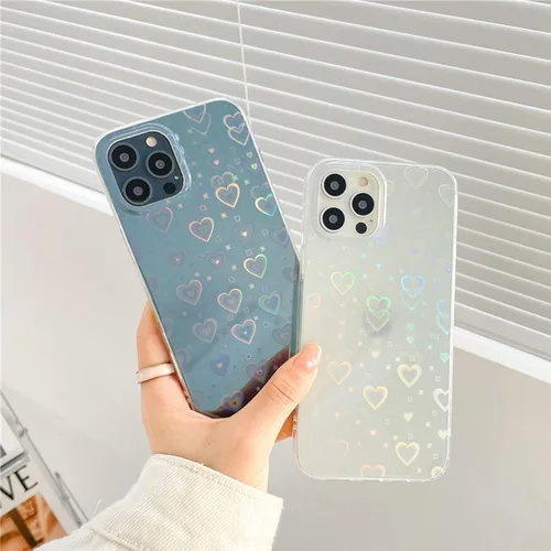 Vista 3 de Jusy Compatible con iPhone 7 Plus / 8 Plus holográfico Love Heart Iridescent Clear Kawaii, funda estética láser brillante arco iris, bonita funda