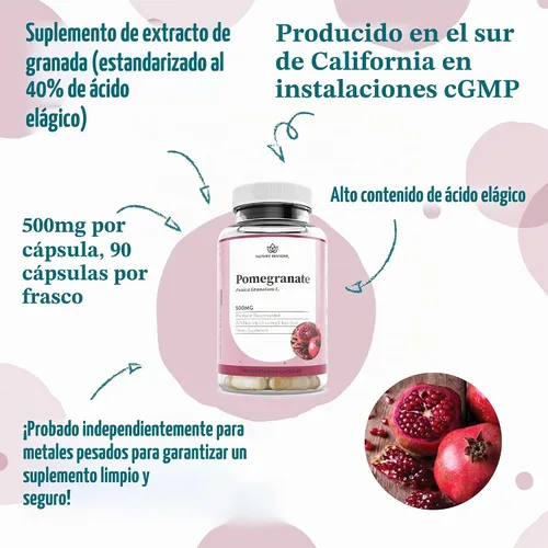 Vista 3 de Nature Restore Suplemento de extracto de semilla de granada, estandarizado al 40% de ácido elágico, sin OMG, sin gluten, 90 cápsulas, fabricado