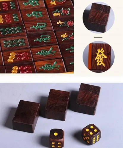Vista 3 de Juego de mahjong chino, juego de 144 mini mahjong, juego de mahjong chino con caja de madera, azulejos de Mahjong para viajes, fiesta, juego familiar