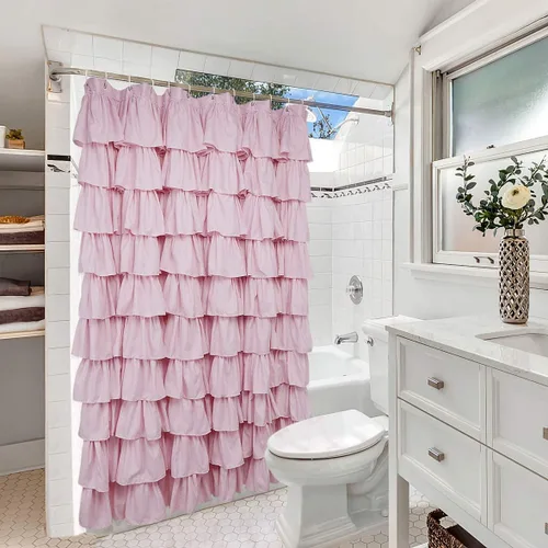 Vista 5 de Volens - Cortina de baño de tela con volantes, estilo rústico de granja, color rosa, para baño, 72" x 72