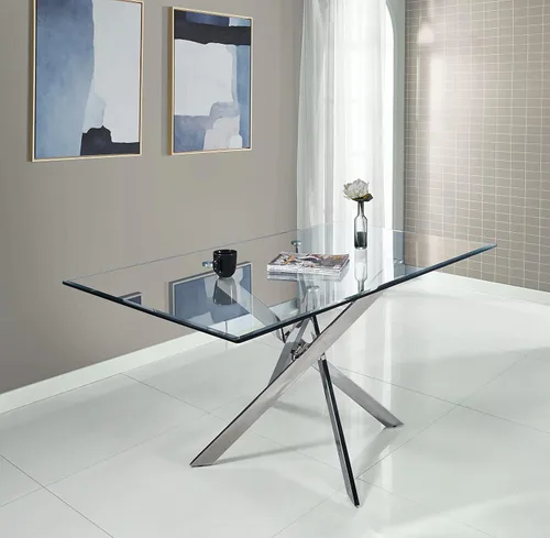 Vista 7 de Mesa de comedor de vidrio de 51 pulgadas, mesa de cocina rectangular para 4-6, mesa de comedor de vidrio moderna con patas de acero inoxidable