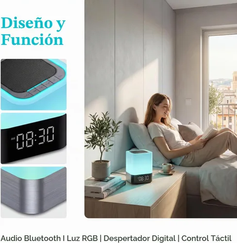 Vista 4 de Gallstep Luces nocturnas Altavoz Bluetooth, despertador, altavoces Bluetooth, sensor táctil, lámpara de noche regulable multicolor cambiante