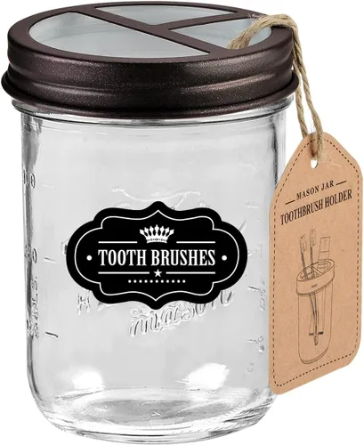 Vista 10 de Mason Jar - Soporte para cepillos de dientes, color negro con tarro Mason de 16 onzas Premium Rustproof 304 Stainless Steel Lid and Chalkboard