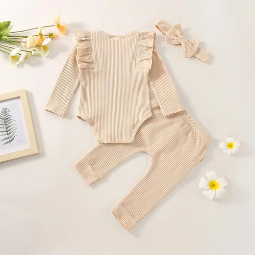 Vista 3 de Ropa de bebé para niña recién nacida, conjunto de trajes de otoño e invierno, mameluco de manga larga con volantes acanalados, juego de 3 piezas