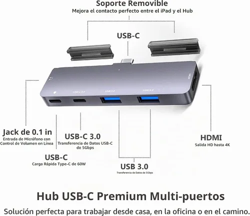 Vista 2 de Adaptador de concentrador USB C para iPad Pro con HDMI 4K, conector de 0.138 in, 2 USB 3.0, PD 60W, datos USB C, ranura para tarjeta SD/TF