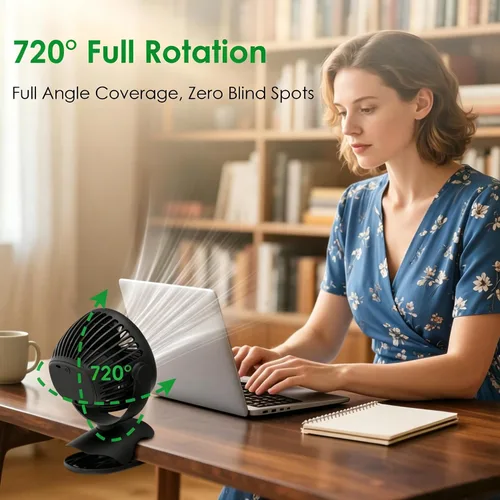Vista 3 de Minthouz Ventilador de clip, ventilador de escritorio pequeño recargable USB-C de 8000 mAh, ventilador de escritorio pequeño de 4 velocidades