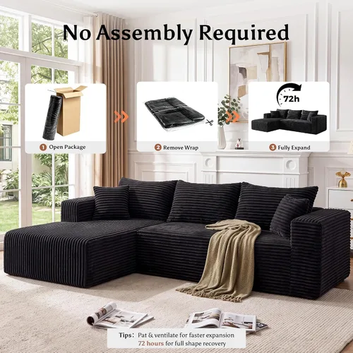 Vista 7 de Sofá modular en forma de L para sala de estar, sofá modular sin huesos con diván, sofá de pana con asiento profundo, no requiere montaje, negro