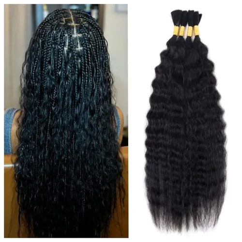 Vista 10 de Cabello humano rizado lacio, trenzado, sin trama, 3.53 oz (1 paquete-4 unidades), cabello humano liso Yaki a granel para trenzas Bohe, cabello micro