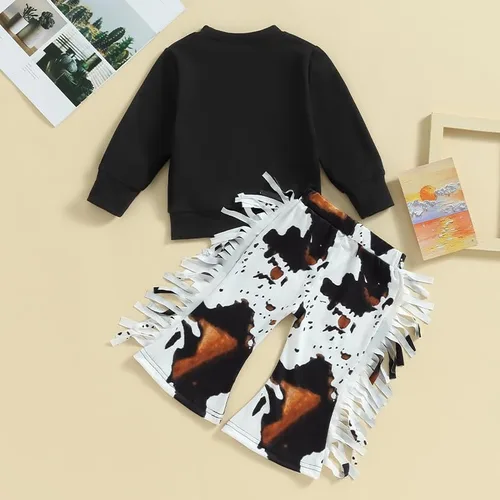 Vista 7 de Conjunto de sudadera vaquera occidental para niña pequeña, pantalones acampanados de vaca, ropa de otoño