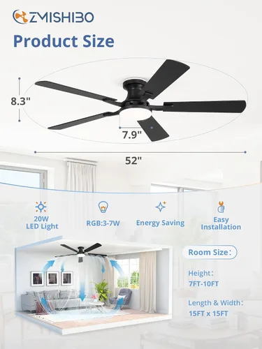 Vista 6 de ZMISHIBO Ventilador de techo inteligente de 52 pulgadas con luz RGB, Alexa/App/Control remoto Negro