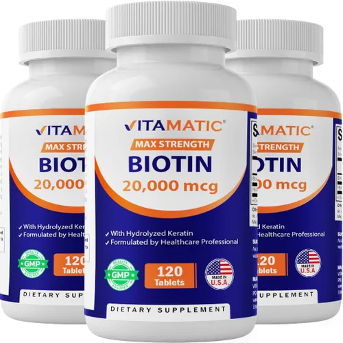 Vista 11 de Vitamatic Biotina de alta potencia de 20000 mcg (20 mg) con queratina 100 mg – 120 tabletas – Suplementos de biotina para un cabello, piel y uñas