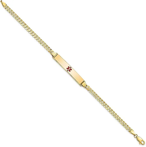 Vista 2 de 14k Yellow Gold Medical Alert Red Enamel Flat Curb Link Id Bracelet 8 Inch Fine Jewelry For Women Gifts For Her