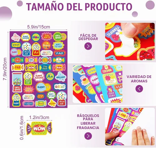 Vista 2 de Eersida 750 calcomanías perfumadas de recompensa olorosas para el aula de niños, calcomanías motivacionales para rascar postres y frutas