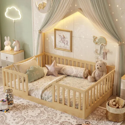 Vista 12 de Cama Montessori Full con rieles altos y luz LED, color blanco