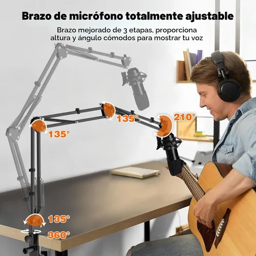 Vista 4 de Brazo de brazo para micrófono, soporte de micrófono de escritorio profesional con adaptadores de 1/4 pulgadas, 3/8 pulgadas, 5/8 pulgadas