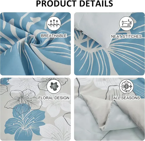 Vista 4 de Luxudecor Juego de edredón floral tamaño individual, 6 piezas de cama en una bolsa, edredón floral azul y juego de sábanas, juego de ropa de cama