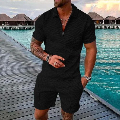 Vista 2 de JUNGE Conjunto corto de 2 piezas para hombre, conjunto deportivo casual de verano de manga corta con polos y pantalones cortos, conjunto deportivo