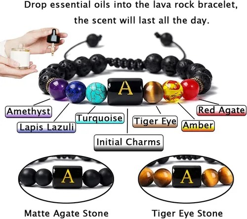 Vista 2 de XIMEO Pulseras de cuentas con iniciales para hombres y mujeres, pulseras de piedra curativa de piedra curativa de piedra de chakra, ojo de tigre