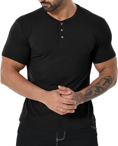Vista 3 de DISLANBO Camisas Henley para hombre, de verano, casual, ajustadas, básicas, de manga corta, a la moda