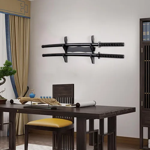 Vista 5 de Soporte de pared Katana, soporte de pared de espada Katana, 2 juegos de madera, soporte de pared para exhibición de espadas, (espadas no incluidas)