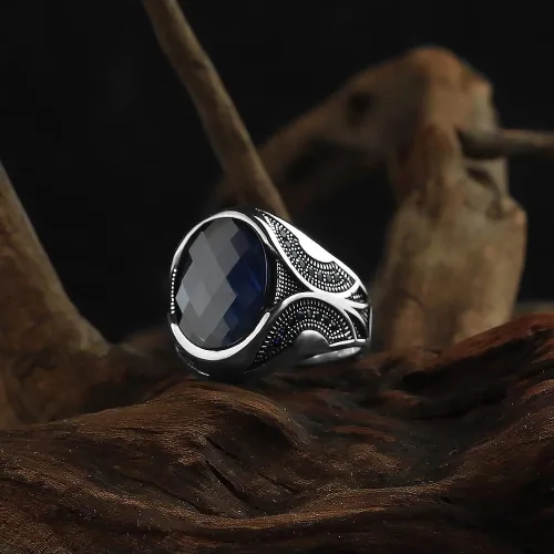 Vista 5 de Anillo de plata de ley 925 para hombre con piedra preciosa de zafiro, anillo de plata grabado hecho a mano, regalo para él, anillo de plata