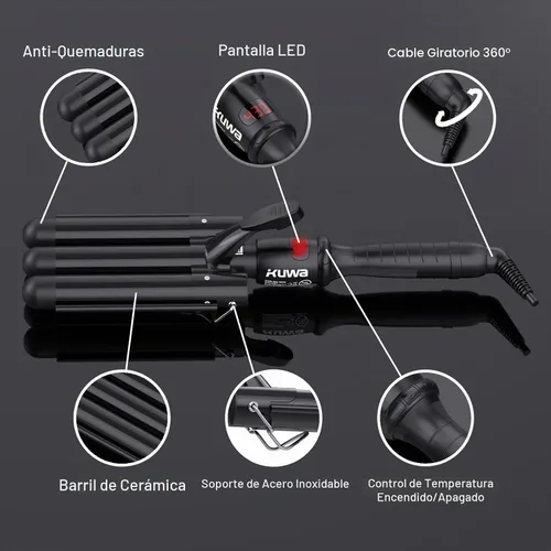 Vista 7 de kuwa Herramienta Rizadora de Cabello, Rizador de Ondas Playeras con 15 Temperaturas Variables, Rizador de 3 Cilindros, Rizador de Cabello