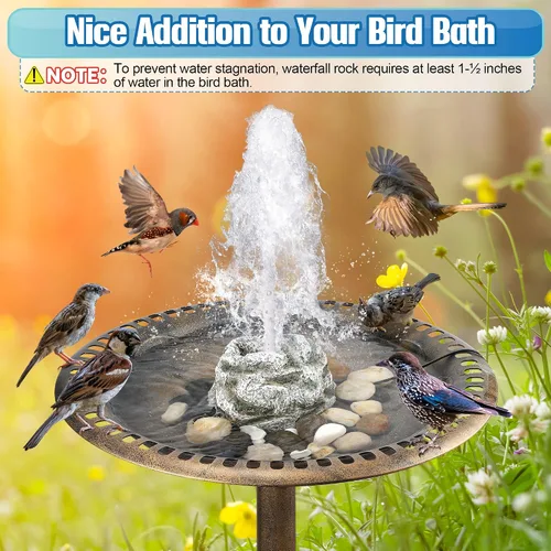 Vista 2 de Fuente de baño para pájaros, fuentes de agua de baño de pájaros con bomba de agua de 7 W, fuente de agua de granito de resina de musgo gris, cascada