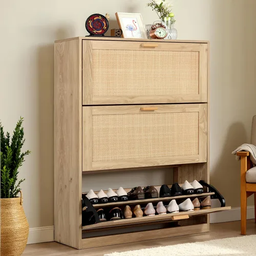 Vista 10 de Finnhomy Zapatero extendido con cajones abatibles de ratán natural para entrada, organizador de zapatos delgado de 2 niveles con tablero superior