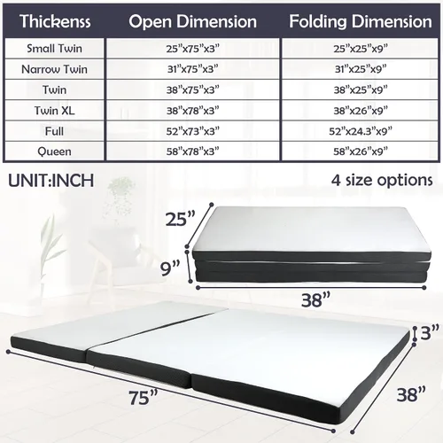 Vista 2 de Colchón plegable, colchón de espuma viscoelástica de gel de tres pliegues, colchón plegable portátil con funda lavable y parte inferior