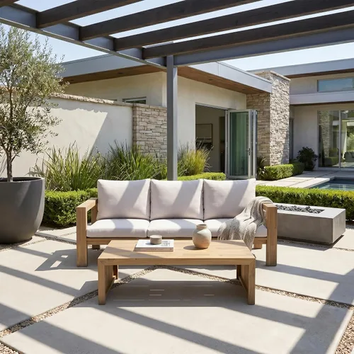 Vista 2 de Juego de sofá de patio al aire libre de 3 plazas de madera de acacia con cojines y mesa de centro para jardín, patio trasero, balcón junto a la teca