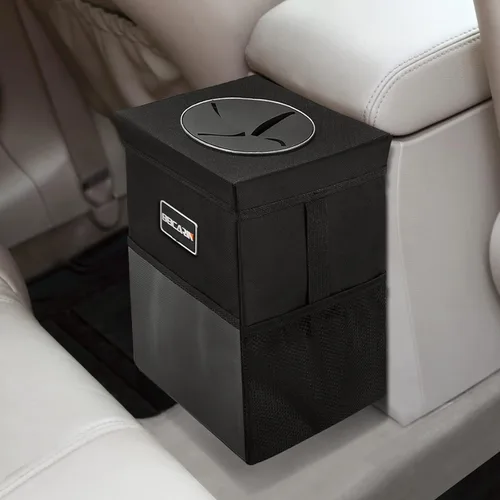 Vista 8 de Beicarin Papelera para coche con tapa, bolsa de basura para colgar con bolsillos de almacenamiento, plegable y portátil, organizador de auto a