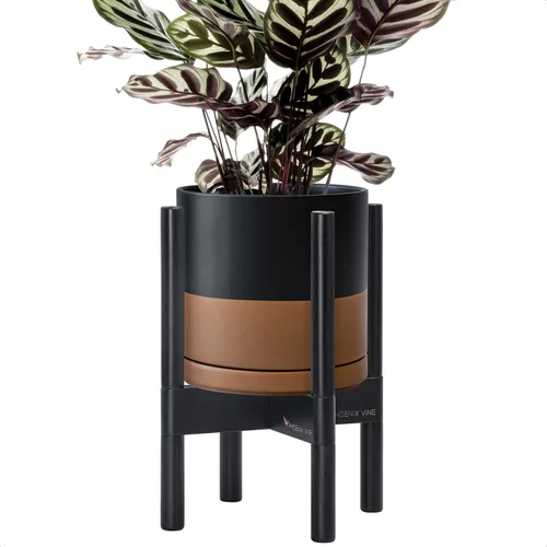 Vista 20 de D'vine Dev Maceta de cerámica con soporte de ébano – Maceta redonda moderna de 8 pulgadas con soporte para maceta de madera, color negro, 55-B-M-2