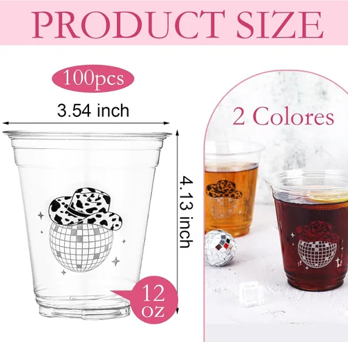 Vista 2 de Sliner 100 tazas de plástico de discoteca vaquera negra y rosa para decoración de despedida de soltera, 12 onzas, vasos desechables de bola