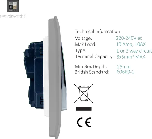 Vista 3 de Trendi - Interruptor de luz táctil de 4 bandas de 2 vías artístico moderno brillante de 10 amperios, color gris claro