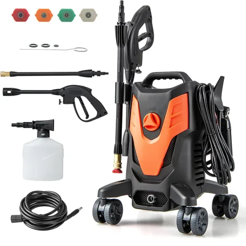 Vista 10 de Goplus Lavadora a presión eléctrica, 2400 PSI 1.7 GPM Lavadora de alta presión con 4 boquillas rápidas y ruedas universales, lavadora a presión