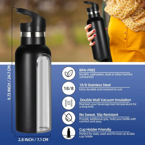 Vista 3 de Volhoply Botella de agua aislada para niños de 17 onzas, botellas de agua de acero inoxidable con tapa con pajilla, botella de agua de metal al