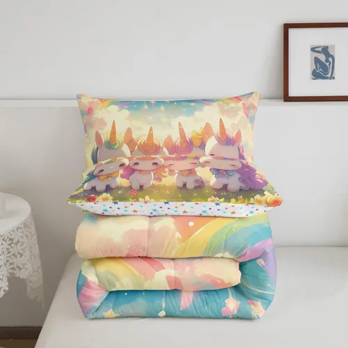 Vista 6 de Castle Fairy Juego de edredón de unicornio tamaño individual, reversible, lindo unicornio, arcoíris, caricatura, caballos, animales, para niños