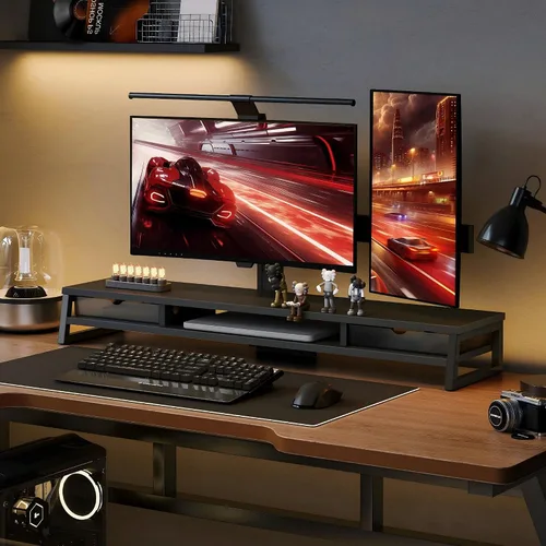 Vista 8 de Fenge Soporte de monitor doble, elevador de monitor con cajón, soporte de monitor de computadora grande de 42.5 pulgadas para 2 monitores, estante