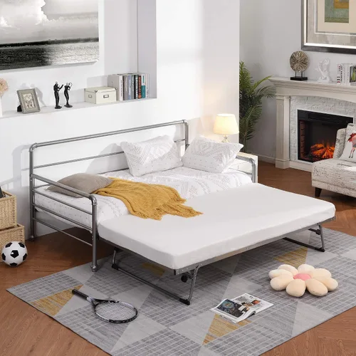 Vista 11 de Sofá cama doble de metal con nido desplegable ajustable, marco de acero resistente, soporte de listones de metal, sin necesidad de somier, cama