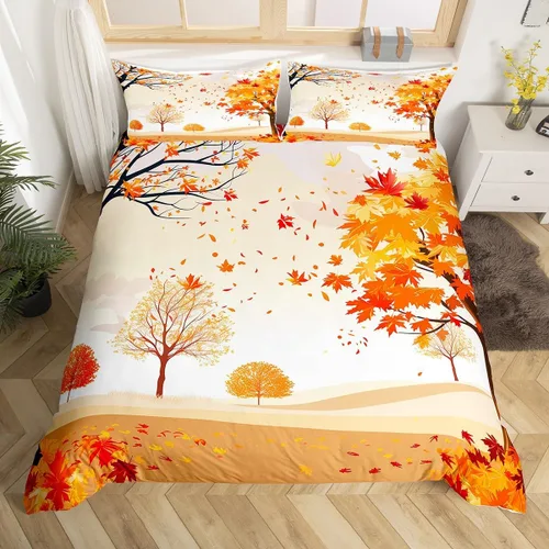 Vista 8 de Juego de funda de edredón de otoño, tamaño individual, diseño de hojas de calabaza, dibujos animados, arcoíris, zorro, oso, ciervo, para niños