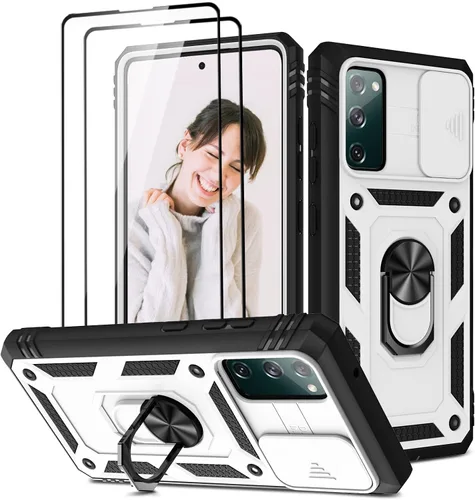 Vista 22 de Jeylly Funda para Galaxy A12 con cubierta deslizante para cámara, protector de pantalla de vidrio templado, protección híbrida de policarbonato duro