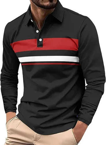 Vista 22 de Polo para hombre, manga larga, ajustado, a rayas, con cuello, talla grande, para golf y otoño