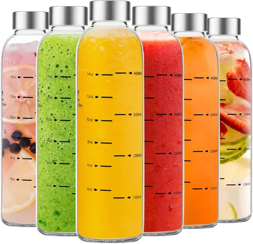 Vista 9 de Botellas de agua de vidrio Olivego con tapas 17 oz, botellas de jugo transparentes con tapa de acero inoxidable, botella de vidrio reutilizable