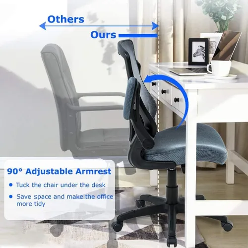 Vista 7 de Silla de oficina de malla, silla de computadora de respaldo medio con soporte lumbar y brazos abatibles, ergonómica, elegante, ajustable, giratoria
