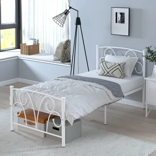 Vista 5 de Elephance - Base de cama individual con cabecera y estribo de metal, color blanco