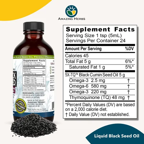 Vista 5 de Amazing Herbs Aceite de semilla negra de alta calidad, sin gluten, sin OMG, prensado en frío, Nigella sativa ayuda a la salud digestiva, apoyo
