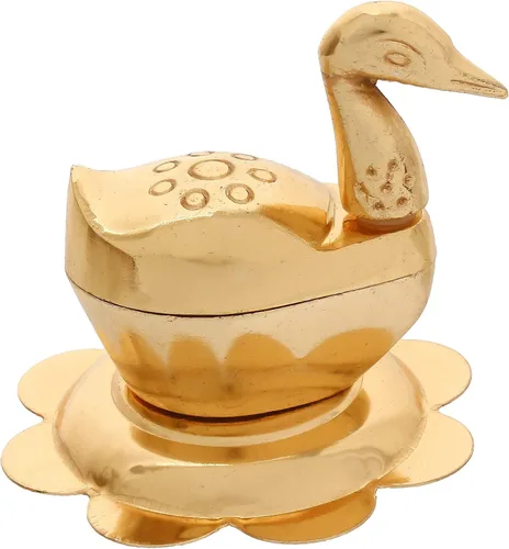 Vista 2 de JaipurCrafts Roli-Chandan de zinc, Chawal-Akshat-Haldi - Caja de Kumkum con pato y pájaro cariñoso, pieza de exhibición Chopda para Pooja
