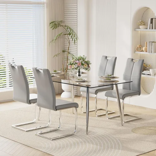 Vista 15 de Juego de mesa de comedor moderno de 51 pulgadas para 4 mesas rectangulares de cristal con 4 sillas tapizadas de cuero, asientos 4 ideales para Beige