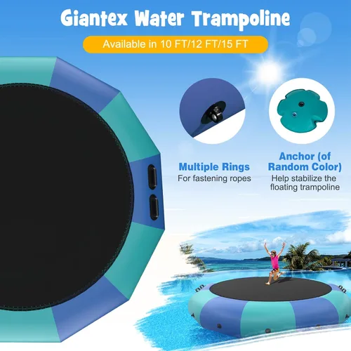 Vista 3 de Giantex Trampolín acuático inflable de 10 pies, 12 pies y 15 pies, trampolín flotante con soplador de 500 W y escalera de cuerda de 3 escalones
